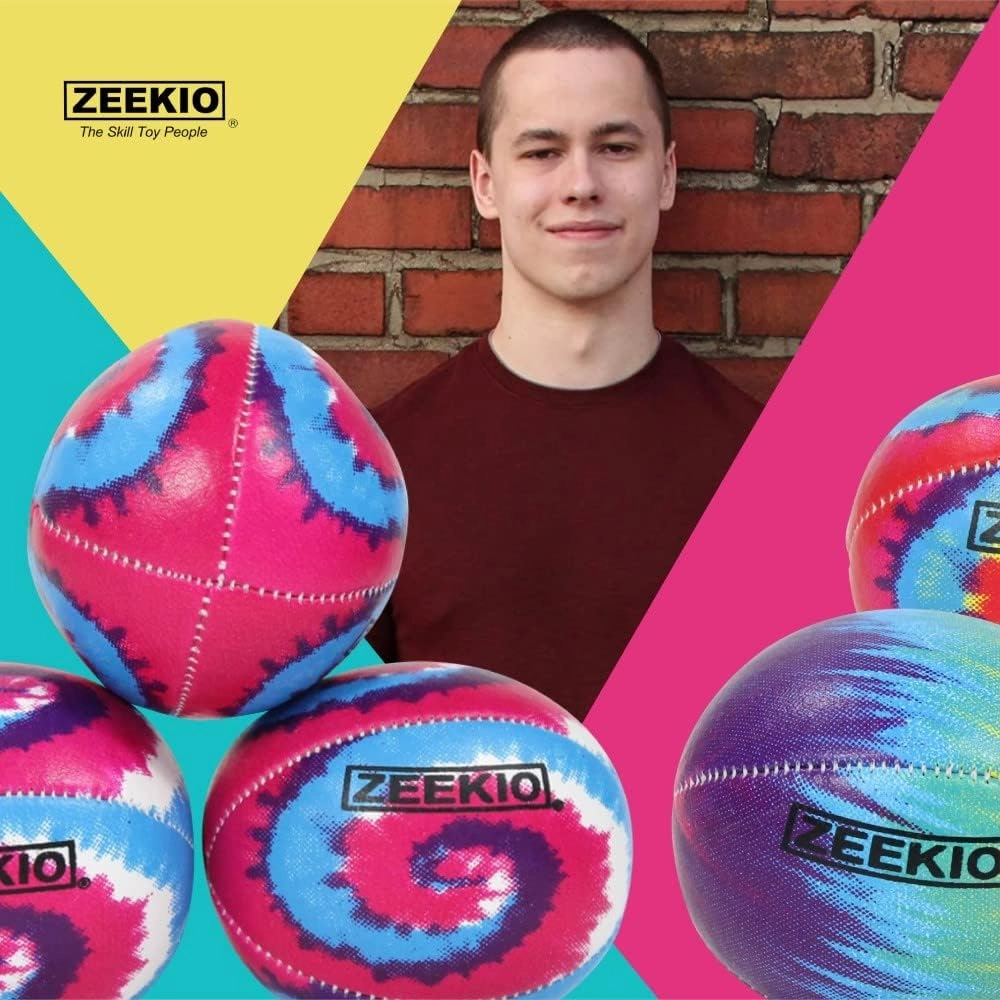 Zeekio Tie Dye Festival Juggling Balls - [Set of 3] 6-Panel Balls, Millet Field, 120g Each, Pink/Blue/White Swirl